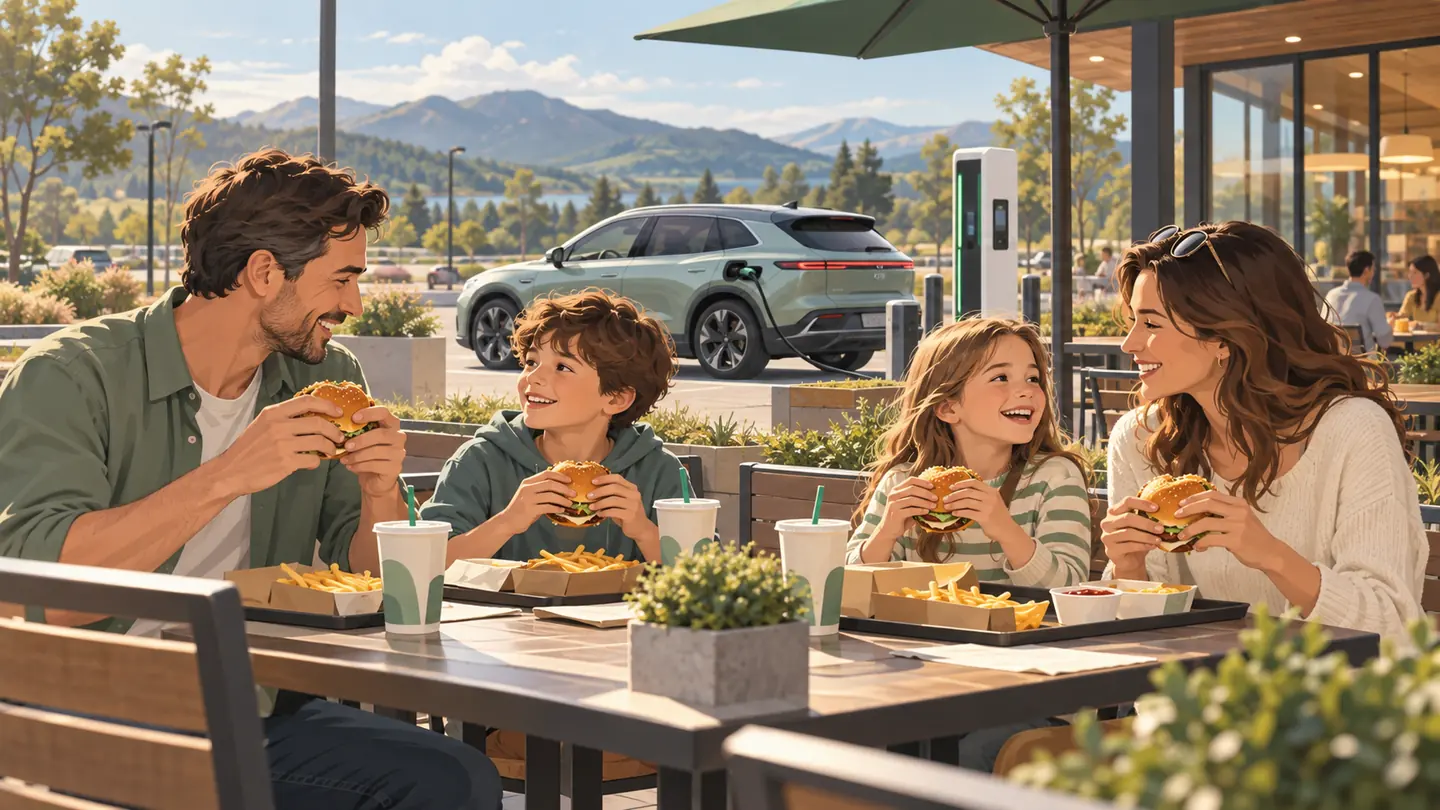 Illustration einer Familie beim Essen auf einer Restaurantterrasse, während im Hintergrund ein Elektroauto am Schnelllader lädt